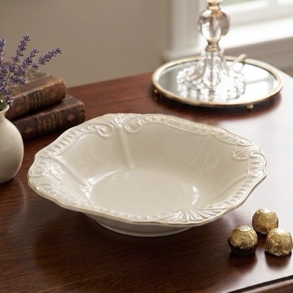 LENOX Chadwick 8.5" Candy Dish Bowl Embossed Cream Porcelain Gold Trim USA